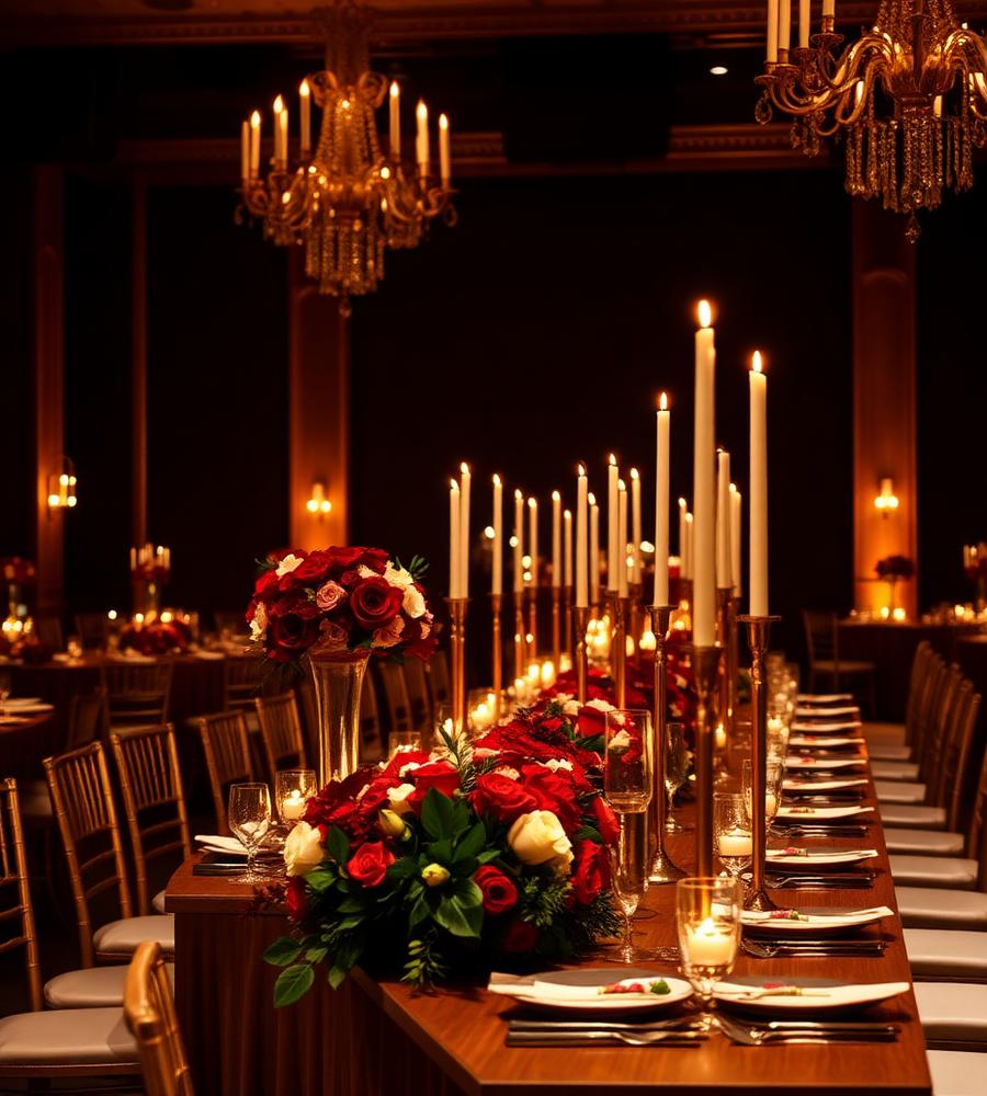 Salão decorado com flores e velas