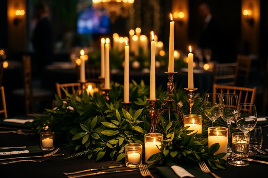 Mesa decorada com velas e folhagens