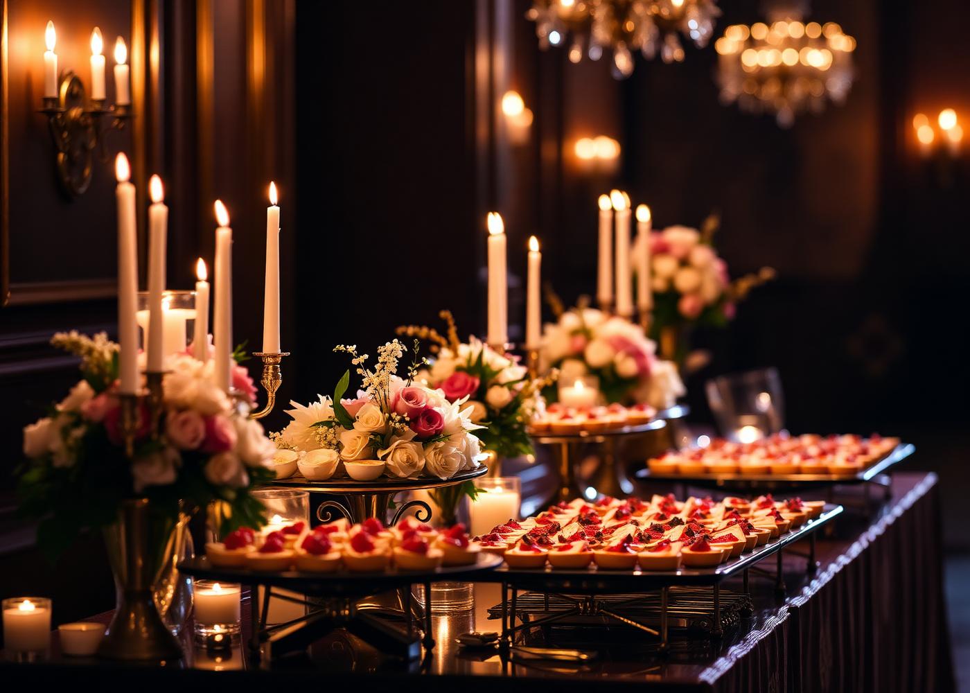 Mesa de buffet decorada com velas e flores